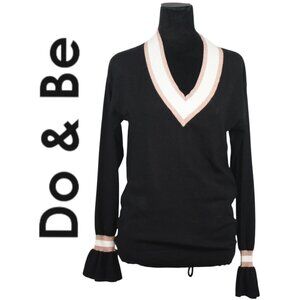 Do & Be Black V-Neck Sweater with Ruffle Cuffs and White and Gold Neckline Med.